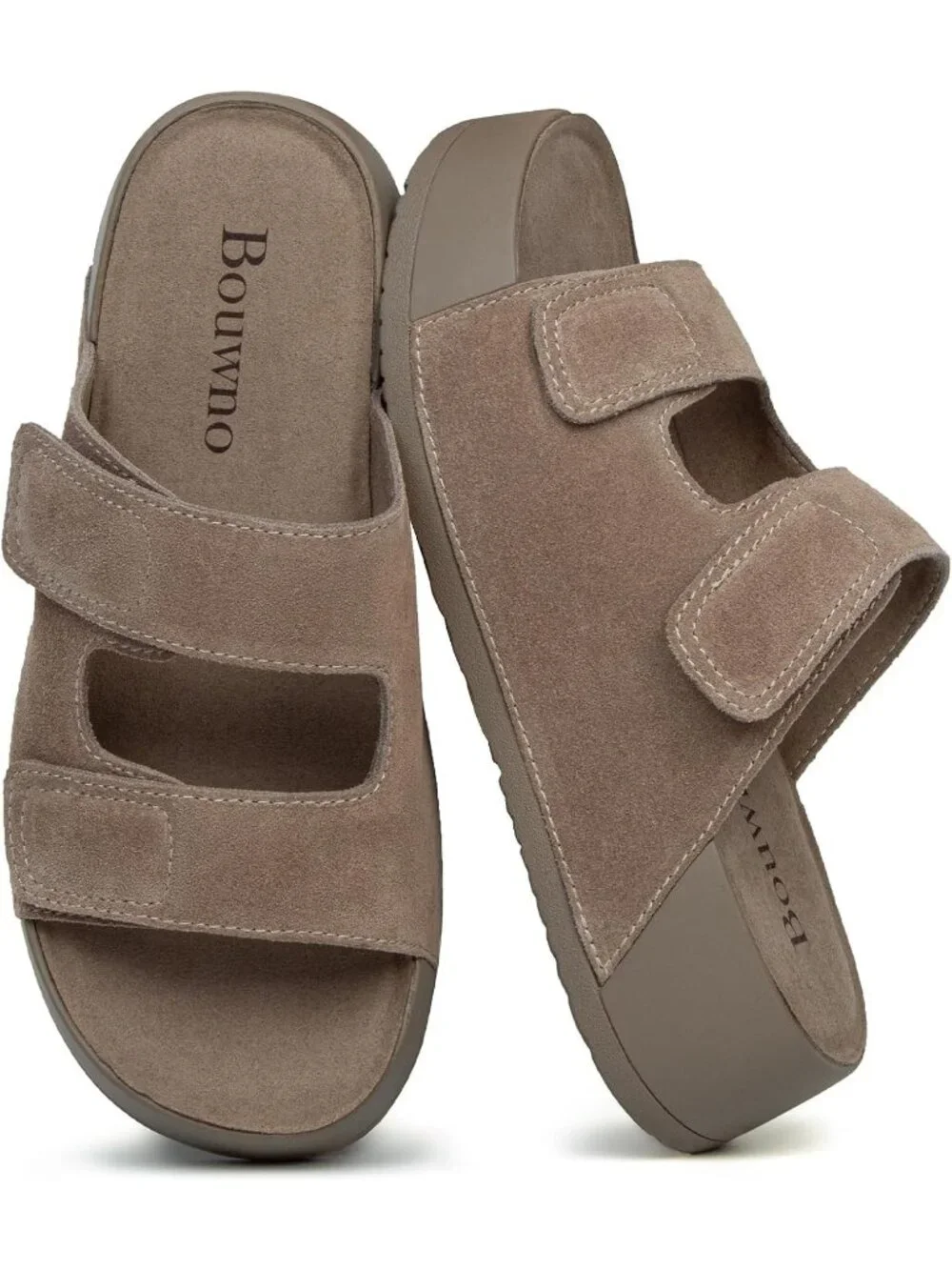 Women's Light Brown Genuine Leather Slip on Slide Buckle Platform Sandal Shoes